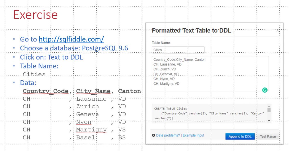 FranckPachot's tweet photo. When you want to teach the SQL basics, showing variants on the major commercial and open source RDBMS, @sqlfiddle with its 'Text to DDL' is awesome 👍 https://t.co/EgTZgzYLZx