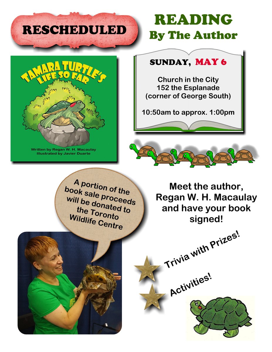 TripleTakeProds's tweet image. Tomorrow! Reading (discussion, trivia, book signing and sale) of Pinnacle Award-winner, "Tamara Turtle's Life So Far" at Church in  the  City, Toronto (on the corner of George St. South and the Esplanade)!  50% of proceeds go to the Toronto Wildlife Centre.  See you at  10:50am!