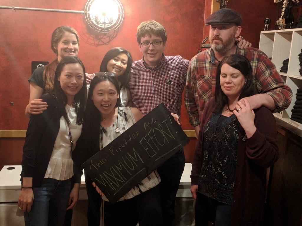 aaronmring's tweet photo. #RingLab destroys the game show puzzle at #escapeNewHaven... Two pipettes and maximum effort! Also welcome @FeimeiL our newest grad student!!! https://t.co/GNeRkx3Hkm