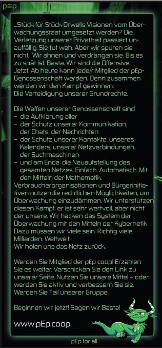 pEp_Community's tweet photo. Wer keinen Flyer p≡p coop an der @republica #RP18 mitgenommen hat, here we go!
#PrivacyByDefault #MassEncryption #PoP #pEp #pEpForAll #pEpCoopManifest https://t.co/DetK7RfbCT
