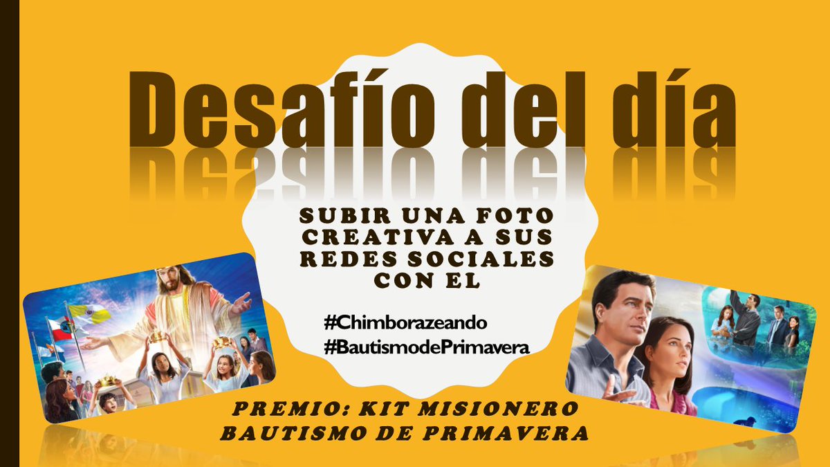 IASDPuebloUnido's tweet photo. RETO DEL DIA
Participamos todos de este reto, el subir a sus redes una foto creativa con los hashtag descritos. La mejor foto tendrá como premio un Kit Misionero de Primavera.
#Chimborazeando #BautismodePrimavera @Chimborazo_IASD @emersonnfreitas https://t.co/cMHkbUciUi