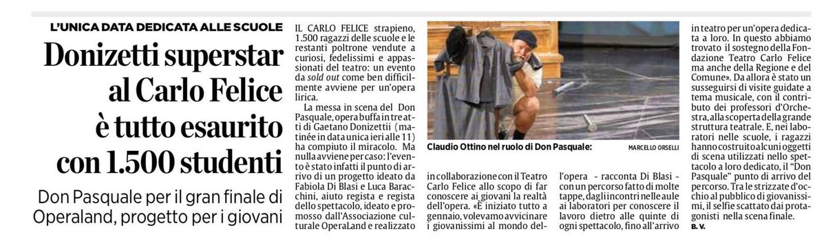 FabiolaDiBlasi's tweet photo. Il Secolo XIX - 5 maggio 2018 #OperaLand #operalirica #progetto #giovani #scuole #FabiolaDiBlasi #LucaBaracchini #DonPasquale #TeatroCarloFelice @ilsecoloxix https://t.co/F6OEGPzd2R