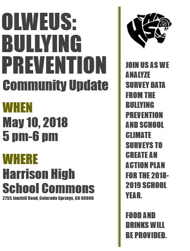 TeamHHSPanthers's tweet photo. Thurs, May 10th from 5-6 p.m. parents &amp; community members are invited to attend an event where we will overview bullying data for HHS in order to create a bullying-prevention action plan for next school year.  Dinner will be served and there will be prizes for the attendees. https://t.co/hzBVf55PDN