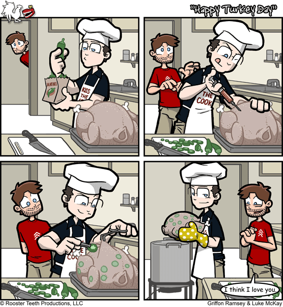 Count3D's tweet photo. @OboeCrazy @lukemckay @griffonramsey @MattHullum I still have @burnie's jalapeno Turkey recipe written down. (thank you early @RoosterTeeth podcast!) One day I will make it! #RTComics https://t.co/IDsgtggbn2