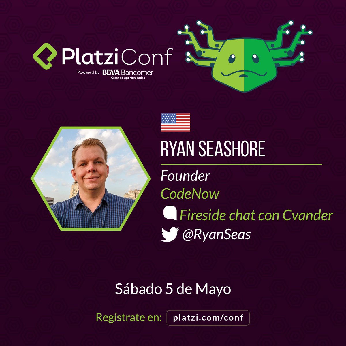 Es hora del "Fire side chat" con <a href="/RyanSeas/">Ryan Seashore</a> 🇺🇸 y <a href="/freddier/">Freddy Vega</a> en #PlatziConf  

Ryan ha dedicado su vida a enseñar a programar. Sigue la charla en platzi.com/conf/