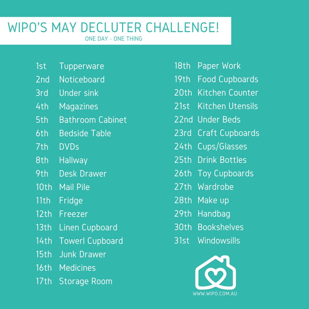 WipoApp's tweet photo. "Your living space is not a storage space"
WIPO's May declutter challenge! Are you up for it? https://t.co/Flu6R0KhlL