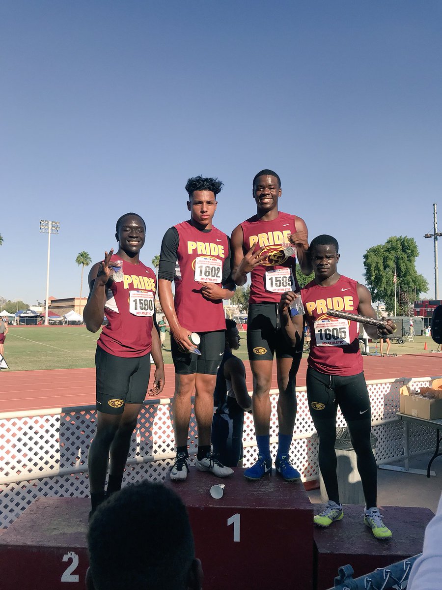 MPHS_TF's tweet photo. Eli Sanders, Marshawn Gibson, Jathan Washington, and Kenny Churchwell take 1st in the D1 4x100m relay with a season PR of 41.83 #AZStateChamp #ROLLPR1DE https://t.co/j2bN0xYe3x