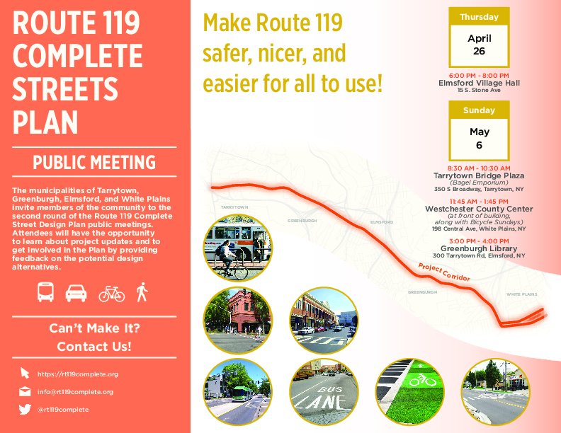 rt119complete's tweet photo. We're doing mobile outreach on Sunday. Come chat about making #Route119 safer & better.
* 8:30 - 10:30 am @ Bagel Emporium, Rt 119 at Rt 9, #Tarrytown
* 11:45 - 1:45 @ Bicycle Sundays, in front of County Center #WhitePlains
* 3 - 4 @ #Greenburgh Public Library https://t.co/nB3NI2dLJ2