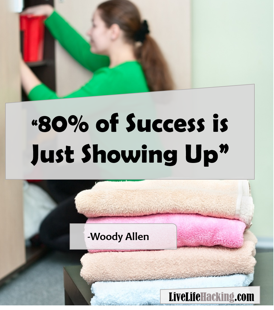 LiveLifeHacking's tweet photo. You can't be successful if you don't show up.  #Decluttering is just like showing up to the gym, if you've made it on the day and time, chances are pretty good you're going to get a work out it.  Think of it the same way for working on your mess. #organzing https://t.co/nwY3sCVdwV