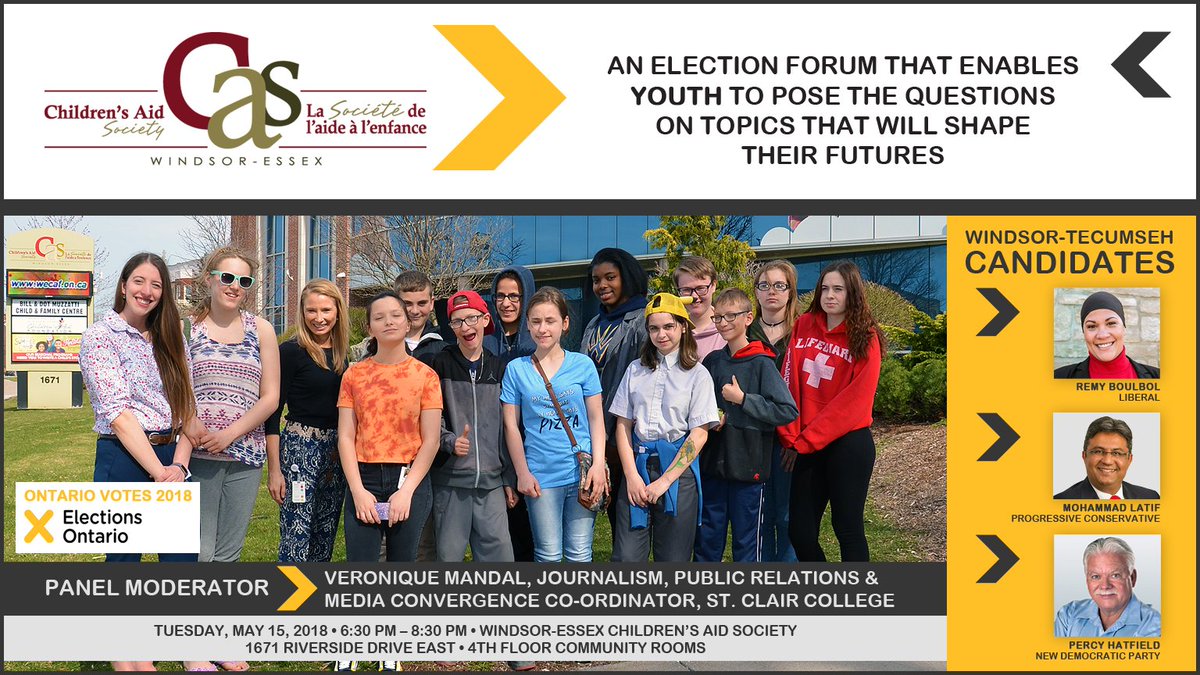 On Tuesday, May 15 we're hosting an election forum that enables youth to pose questions to the candidates of Windsor-Tecumseh. @RemyBoulbol @mlatifawan @PercyHatfield <a href="/ElectionsON/">Elections Ontario</a>