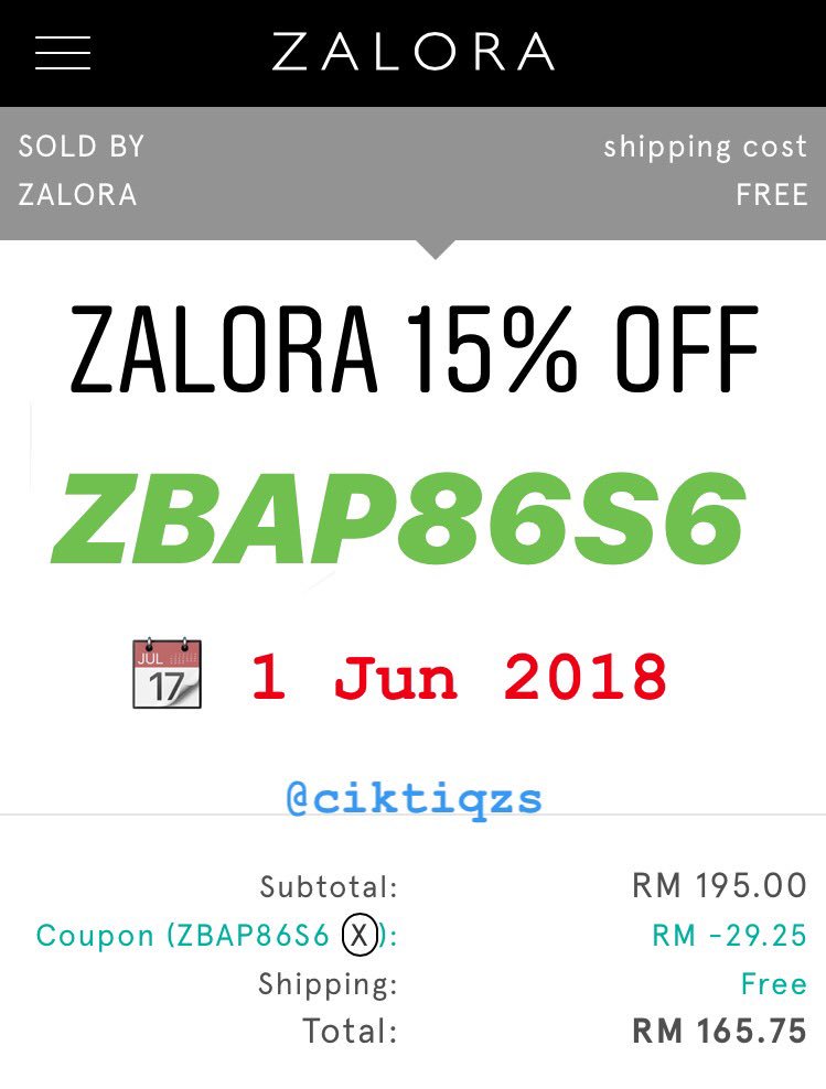 ciktiqz's tweet image. ZALORA Promo code. 
• 20 % off 
( ZBIN20 )
Valid until 1st June 2018. 

• 15% off
( ZBAP86S6 )
Valid until 1st June 2018. 

Get 2% cashback via Shopback
shopback.my/?raf=dLDvWr

#zalora #zalorapromocode #zaloradiscountcode