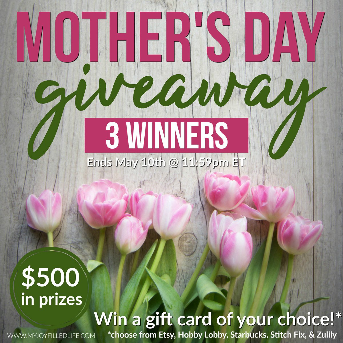 myjoyfilledHS's tweet photo. #MothersDay #Giveaway! #Win a gift card of your choice. $500 in prizes! https://t.co/nZu7kdvVbs #byb2018 https://t.co/FWoNcF7Vr7