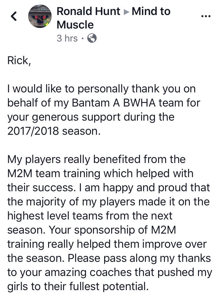 M2MBarrie's tweet photo. Thrilled to receive such amazing feedback from @BarrieSharks Bantam A Coach Ronald Hunt! Thank you for taking the time to share this & for your kinds words. Glad we could help your team this season! #bwha #barriesharks #womenshockey #strengthandconditioning #barrie #sponsor ๐๐ https://t.co/uouO7iPE7p