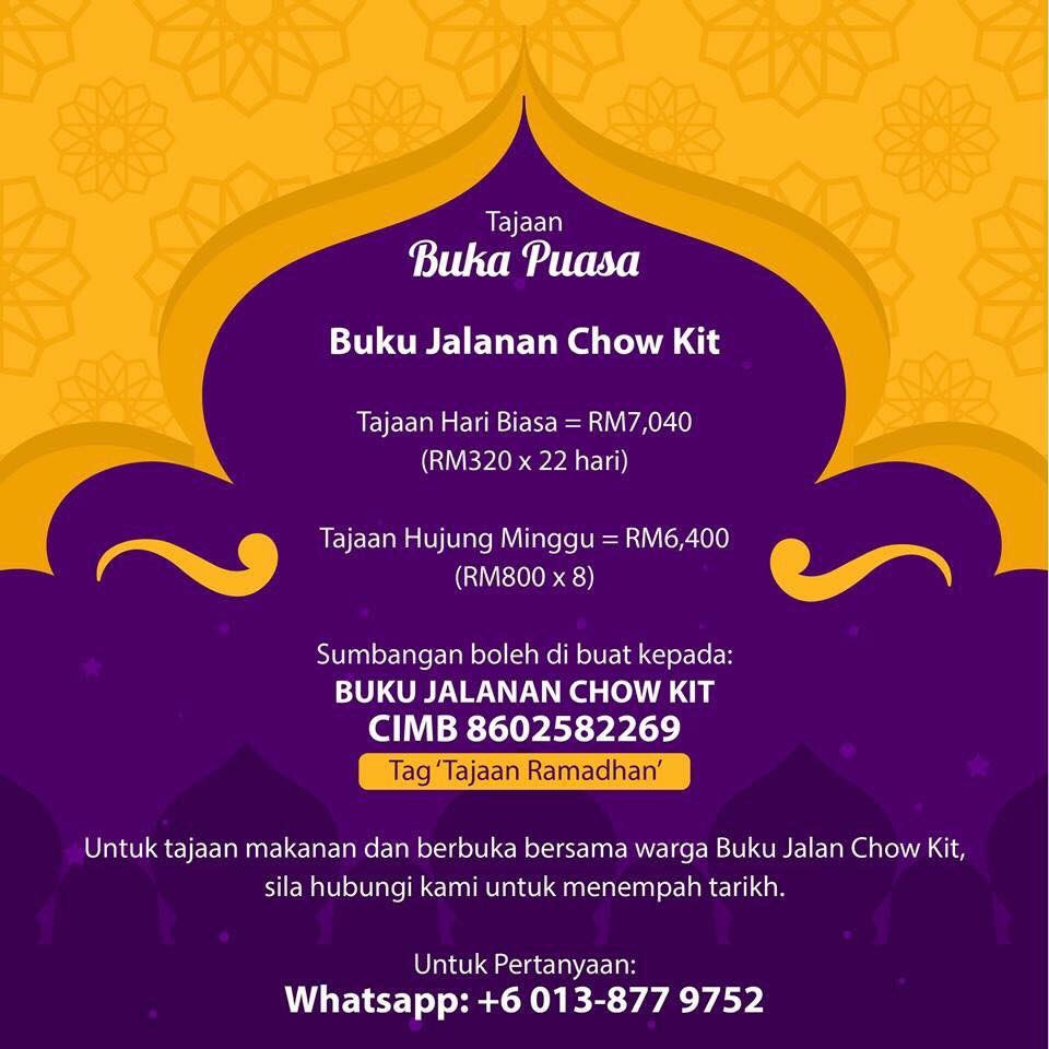 BukuJalananCK's tweet photo. Kami di Buku Jalanan Chow Kit dengan rendah diri membuka tajaan berbuka puasa untuk bulan Ramadan tahun ini.

No akaun: CIMB 860 258 2269
Penama: Buku Jalanan Chow Kit 
Tag: #TajaanRamadhan

Budi baik tuan puan kami dahulukan dengan ucapan terima kasih. https://t.co/mAsQL0o5i5