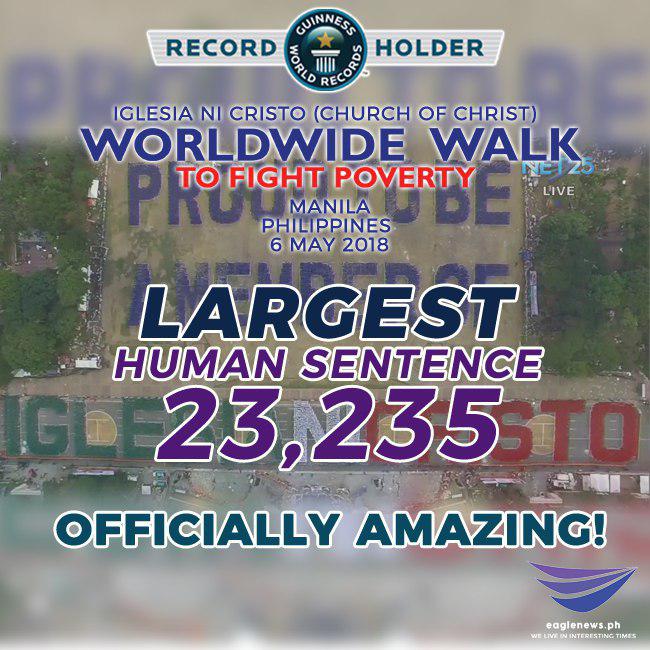 EagleNews's tweet photo. Iglesia Ni Cristo bags new Guinness world record for Largest Human Sentence "You are officially amazing," said Paulina Sapinska, Guinness Adjudicator. #INCwalktofightpoverty https://t.co/XuTNSebWuX