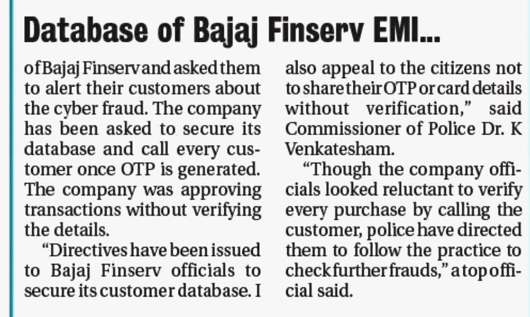 #CyberFraudsters have hacked customer database of @Bajaj_Finserv EMI cards; 21 customers duped of Rs 5.7 lakh in #Nagpur @NagpurPolice ask for #CyberSecurity @Brijeshbsingh @cyber @INTERPOL_Cyber #CyberFraud #CybeCrime @nagpurcp #TheHitavada