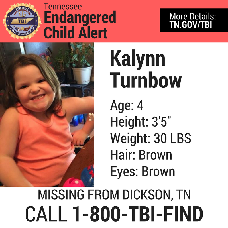 TBInvestigation's tweet photo. ENDANGERED CHILD ALERT: We need your help to find this missing four-year-old from Dickson County. 

Have you seen Kalynn Turnbow? Call 1-800-TBI-FIND.

Please RT to help us spread the word! https://t.co/ckHOl6Qug1