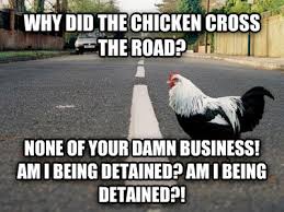 GemNowIsJackie's tweet photo. #ThingsIPreferNotToKnow why did the chicken cross the road https://t.co/13e0F5KI46