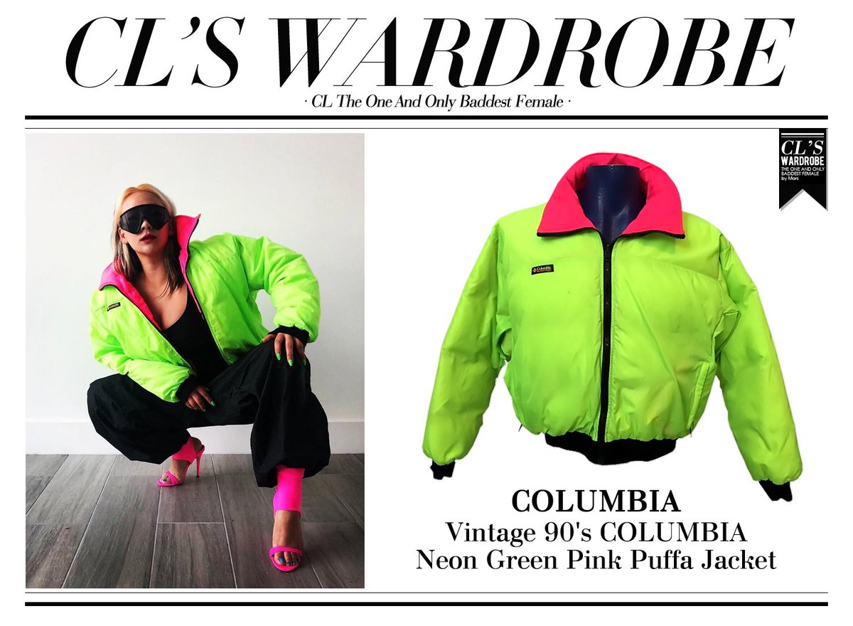 clswardrobe's tweet photo. [Style]#CL：Vintage 90's #Columbia Neon Green Pink Puffa Jacket https://t.co/R8oQMQXyVc