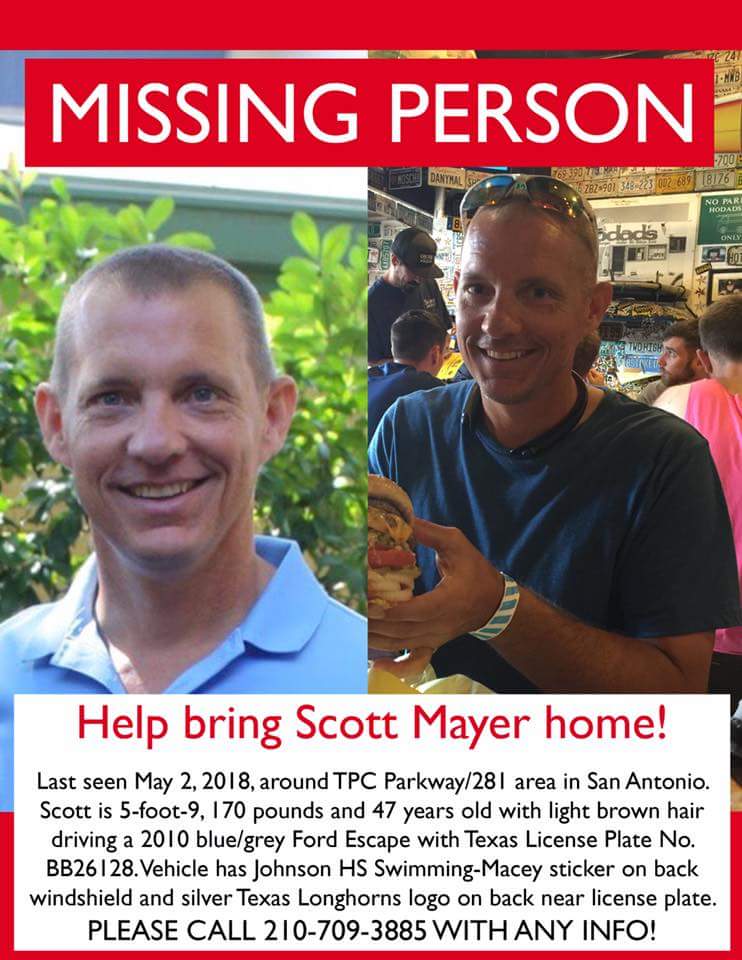 Chad Belford (@chadbelfordits) on Twitter photo Please help us find our friend and co-worker, Scott Mayer <a href="/smayer1ITS/">Scott Mayer</a>. He's been missing since (5/2/18). Last seen driving his blue/grey Ford Escape near TPC Pkwy & 281 in San Antonio. Prayers for Mayer family. Please share! facebook.com/findscottmayer/ <a href="/MMayerITS/">Melissa Mayer</a> Please help us find our friend and co-worker, Scott Mayer <a href="/smayer1ITS/">Scott Mayer</a>. He's been missing since (5/2/18). Last seen driving his blue/grey Ford Escape near TPC Pkwy & 281 in San Antonio. Prayers for Mayer family. Please share! facebook.com/findscottmayer/ <a href="/MMayerITS/">Melissa Mayer</a>