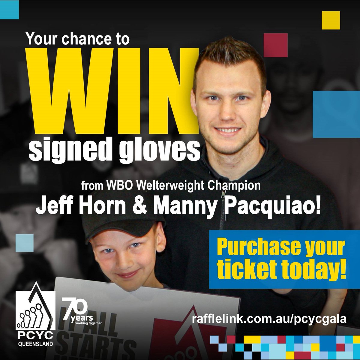 PCYCQld's tweet photo. ‘The gloves are off’ and everyone wants to win!  
Don’t miss your chance to win gloves signed by @jeffhornboxer &amp; @mannypacquiao &amp; two ‘ringside’ seats at our Gala Ball.  
Buy your tickets online today - https://t.co/v1aL59qaMo
#FIGHTFACT – Jeff Horn has had 12 KO wins! https://t.co/IQMhbYr7YC
