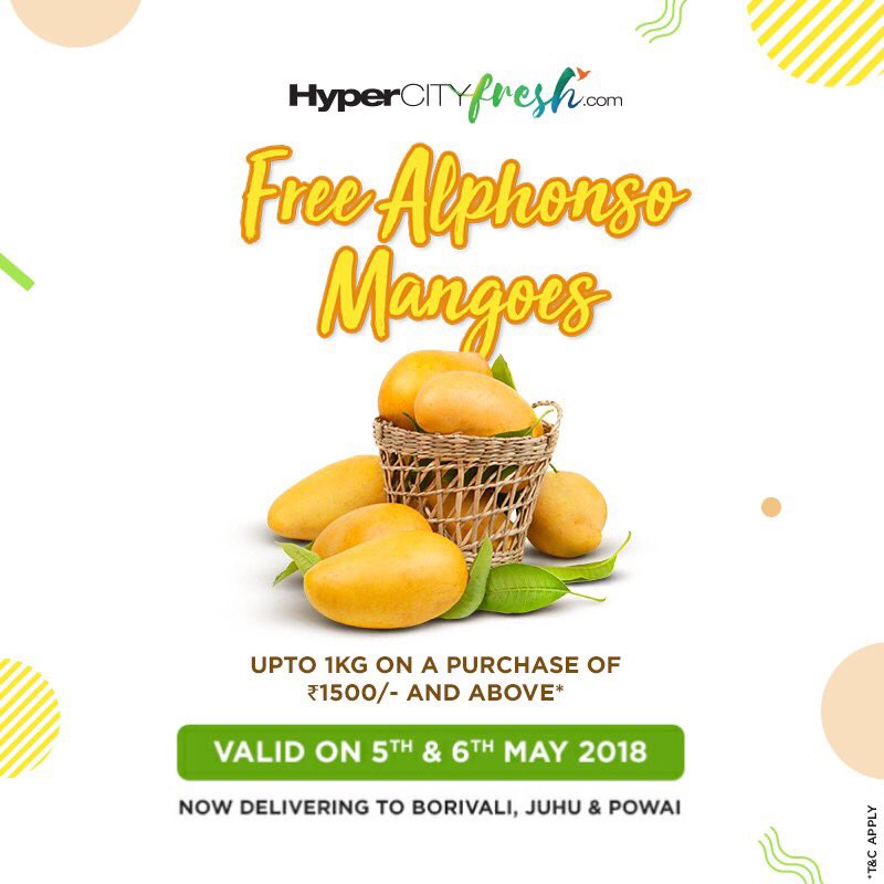Up for a juicy treat? FREE MANGOES from hypercityfresh.com. 
Now delivering in Borivali, Juhu and Powai.
-FREE Home Delivery on orders amounting to ₹500/- and above
*On a purchase of ₹1500/- and above. T&amp;C Apply.