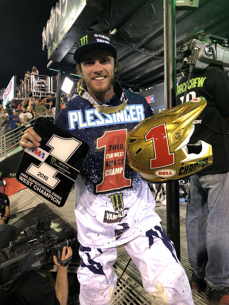 SupercrossLIVE's tweet photo. What an eventful night for @plessinger157 as he takes home his first @MonsterEnergy Supercross 250SX West coast Championship! 

#SXonFOX https://t.co/cCaN2npBhQ