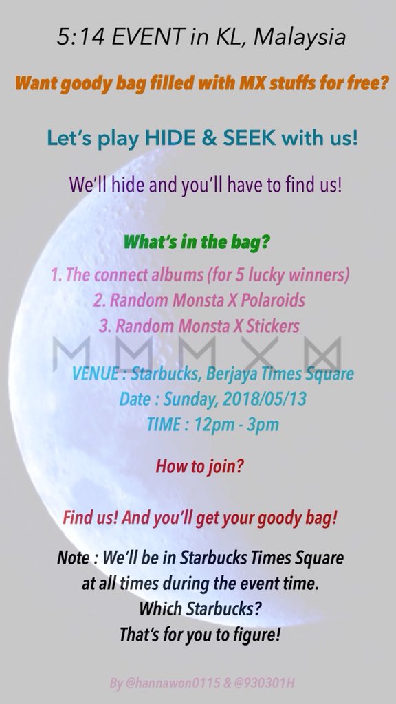 hanaajuseyo's tweet photo. Malaysian Monbebe(s)! @hannawon0115 and me @930301h will be doing an event for Monsta X Anniversary ✨
/
Please refer the picture(s)
/
#몬스타엑스 #Monsta_X #MonstaX #MXMB #MXAnniversary #MX514 #Monbebe #MalaysianMonbebe
@OfficialMonstaX
/
#HappyBaekyunDay #WannaOneinKL https://t.co/jR5juk3ewB