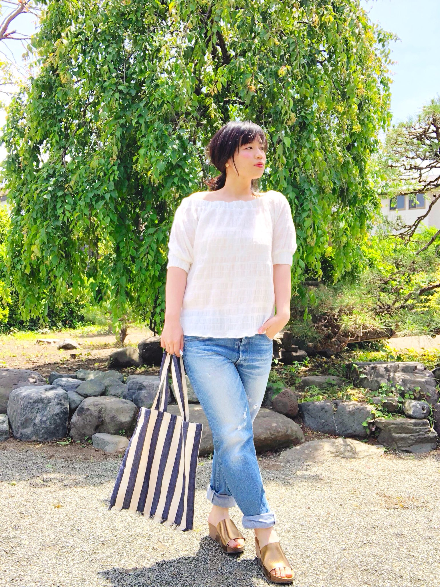 小川みこ ラファーファ Gw最終日ですね 今日はシンプルに デニムと白の 合わせに ストライプのトートを Tops Zara Size L Denim Journalstandard 今日のコーデ コーデ ぽっちゃりコーデ ぽっちゃりモデル ぽっちゃり Model