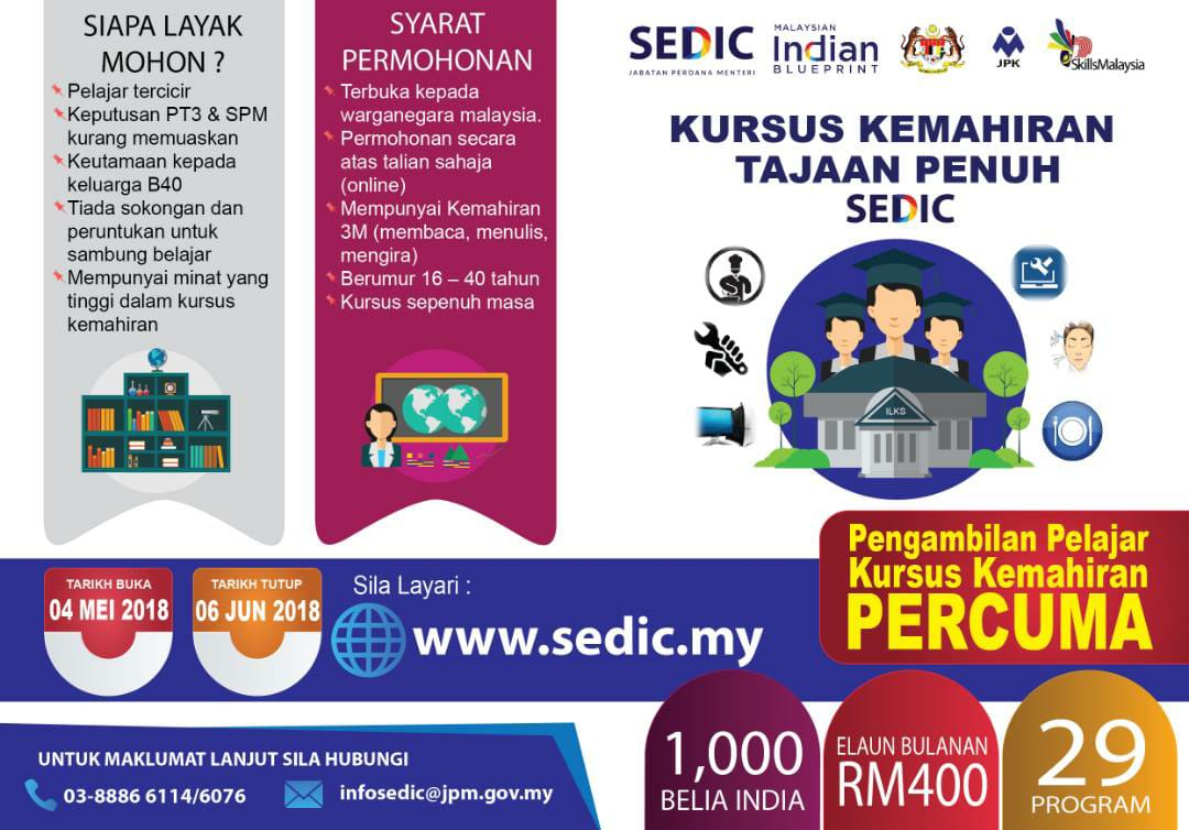 Tawaran Mengikuti Program Latihan Kemahiran dibuka sekarang. Untuk maklumat lanjut, sila layari sedic.my atau hubungi kami di 03-8886 6076.

Permohonan akan ditutup pada 6hb Jun 2018