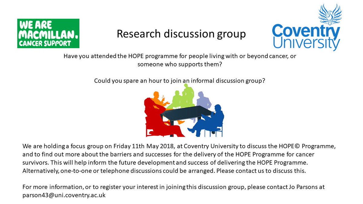 One week to go! Have you attended the <a href="/Hopeprogramme/">The Hope Programme JA</a> for people living with &amp; beyond #cancer in #Coventry and Warwickshire run by @MacCovandWarks? Join <a href="/JoParsons83/">Jo Parsons</a> for a discussion on 11th May. There will be cake! 😊🍰 Individual interviews can be arranged if preferred.