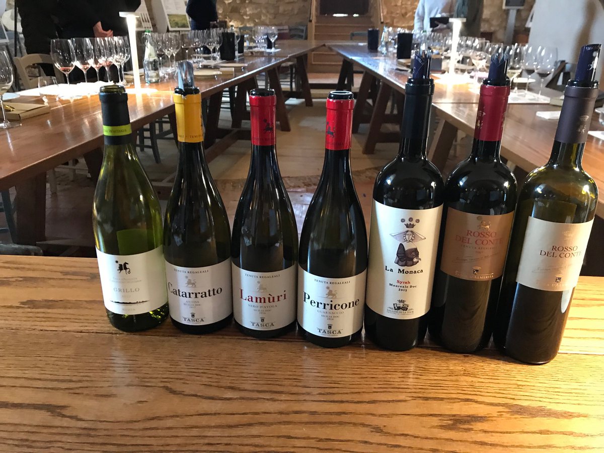 SusanHulmeMW's tweet photo. Nice line up of wines thank you @TascaWine. Grillo di Mozia and #RossodelConte 2007 were the standouts for me. #Sicily #Wines https://t.co/b2Pl3qwME1
