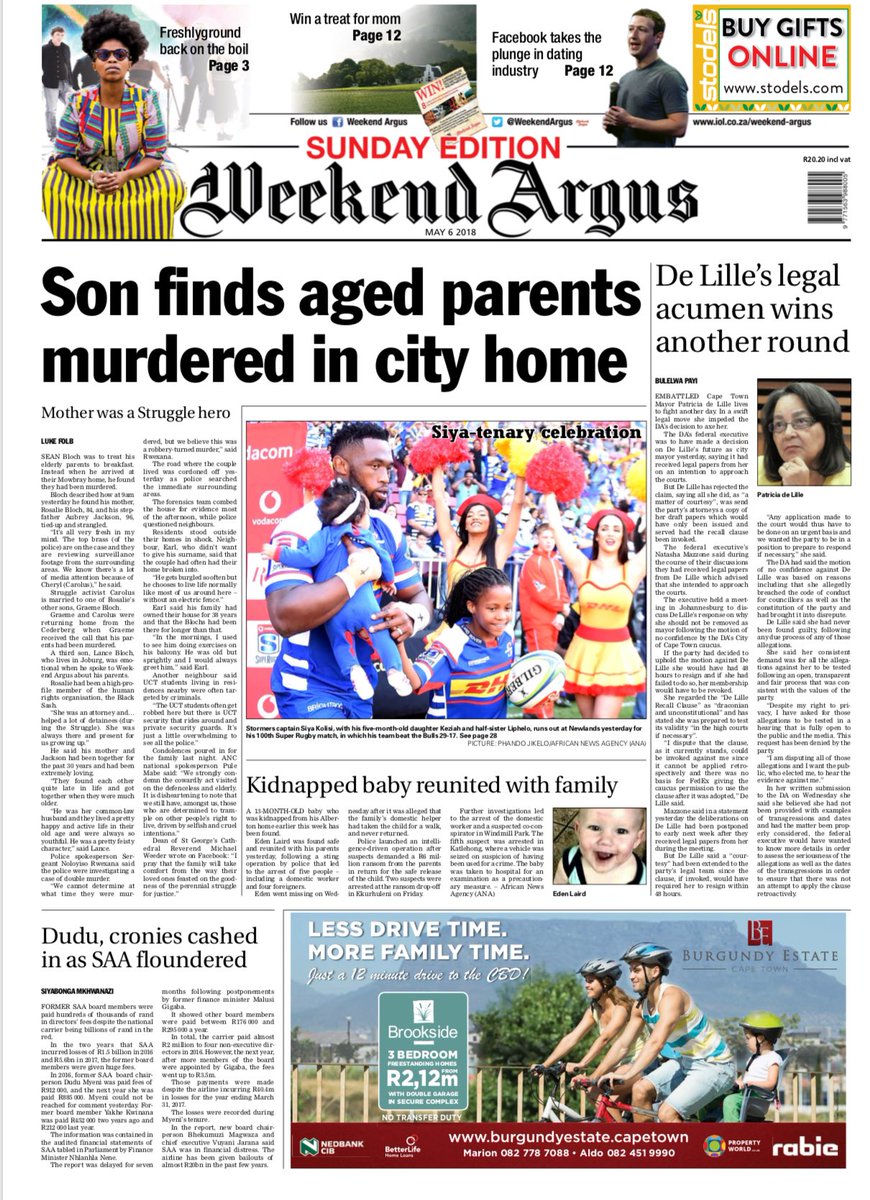 WeekendArgus's tweet photo. It’s been a big #news and #sports weekend in the #MotherCity. Read all about it in today’s #SundayArgus. #news #frontpage #headlines https://t.co/YdUXIlqWnK