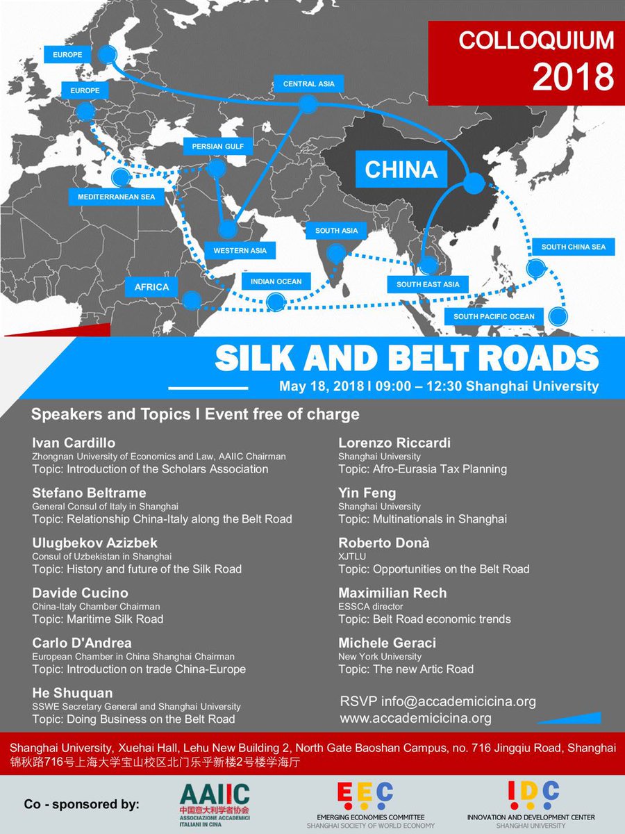Disponibile il programma del prossimo Colloquium "Silk and Belt Roads" co-sponsorizzato da #AAIIC e organizzato dal nostro socio <a href="/LorenzoRiccardi/">Lorenzo Riccardi</a>. Il 18 Maggio presso la #ShanghaiUniversity.  <a href="/ItalyinShanghai/">ItalyinShanghai</a> <a href="/ChinaItalyCC/">Camera di Commercio Italiana in Cina (CCIC)</a> @dawei966 <a href="/ivan_cardillo/">Ivan Cardillo 伊万</a>
