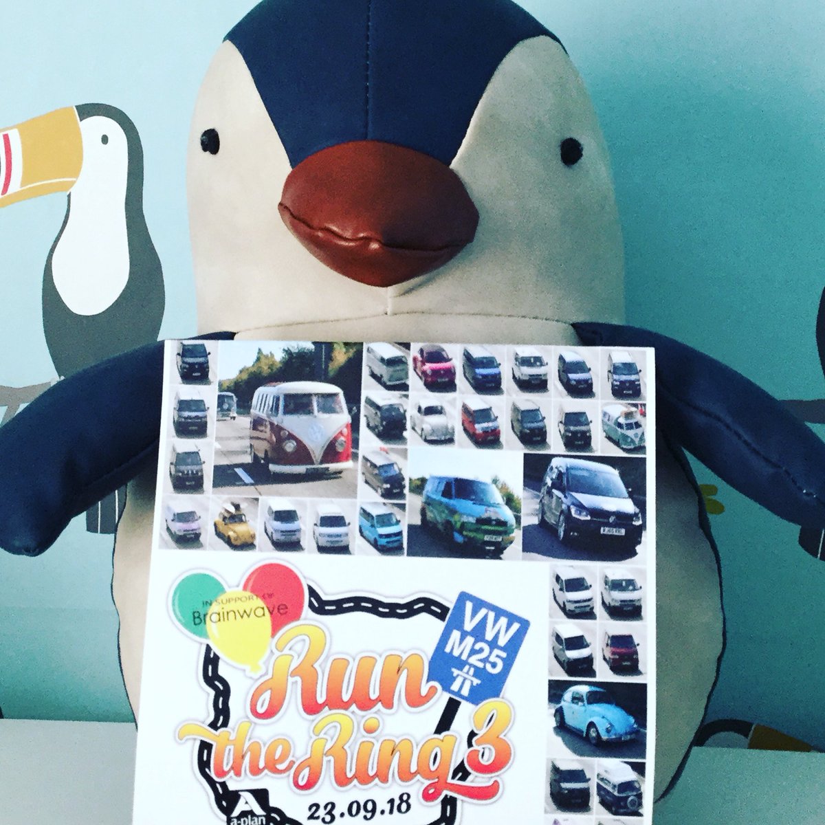 essexbugs's tweet photo. Polo the Penguin is on the way to Stanford Hall in search of fellow ringers. #runthering #1000ringers #johnsring #charity @VWM25Runthering @BRAINWAVECENTRE #Vanlife https://t.co/7bY1K7nSVa