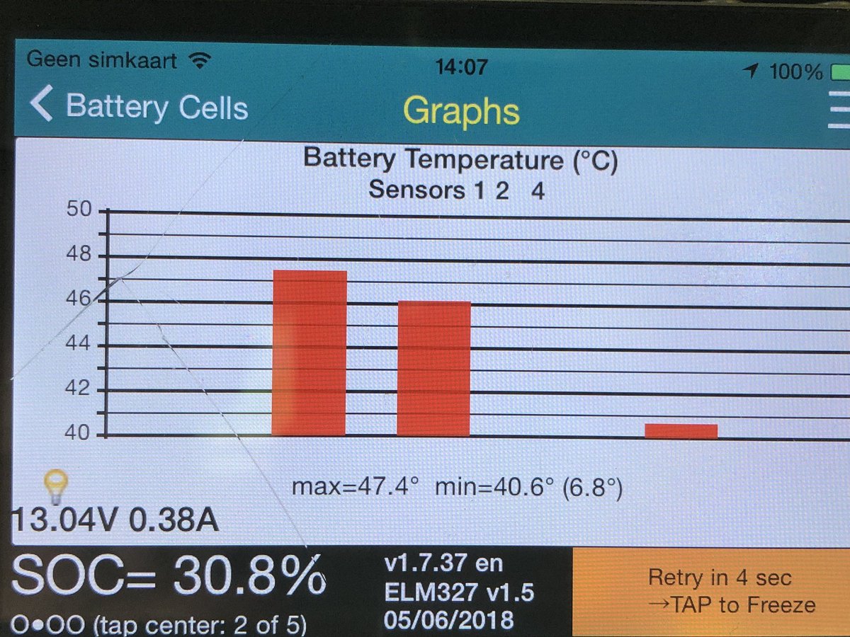 My_Leaf's tweet photo. Temp went down just a few degrees ( 1bar below red ) now qc #Bad-Camberg #justpressstart #decharge . Now (@ 360km) charging for last part of 450km trip while battery #hot 48’C charging @ 35kW https://t.co/PKNZHVcoCr
