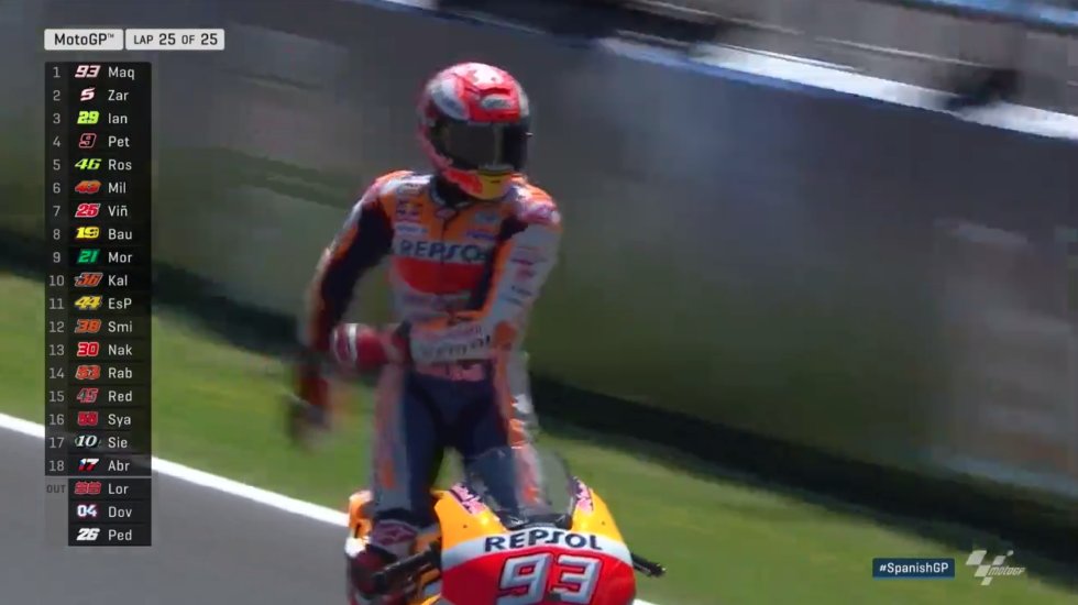 MotoGP's tweet photo. #MotoGP RACE 🏁

＠marcmarquez93 wins the #SpanishGP!

@JohannZarco1 avoids the carnage to take second and @andreaiannone29 holds on for third!

#LifeAtFullThrottle https://t.co/FIKripPFPp