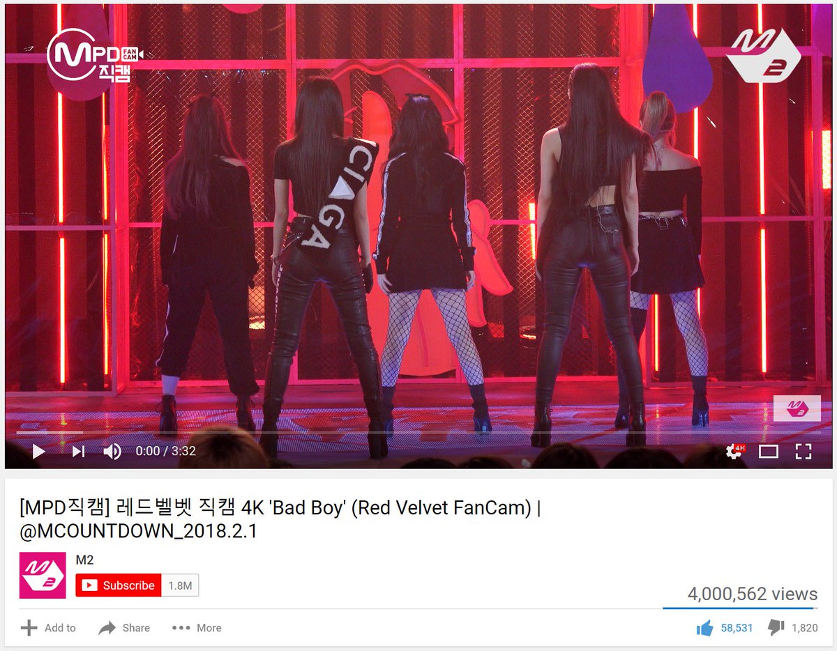 RVRECORDS01's tweet photo. Red Velvet's 2018.02.01 MCOUNTDOWN Bad Boy stage 4K fancam video reached 4M views🎉🎉
#RedVelvet #BadBoy @RVsmtown 
📼https://t.co/geDlAvkUxu https://t.co/yJjWcAqO4J