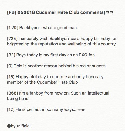 byunificial's tweet photo. jdjdjdf a big korean fb page 'the cucumber hate club' sincerely wished baekhyun happy birthday by calling him their top honorary member today 😭 the comments are even funnier our bobohu is now a widely known &amp; appreciated cucumber anti :')

#HappyBaekkhyunDay #백현아생일축하해 https://t.co/qu24UXYEwK