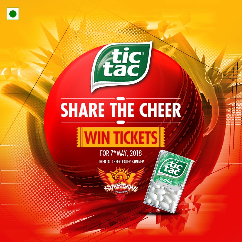 TicTacIndia's tweet photo. Tickets for the @SunRisers match on May 7 are up for grabs! We will DM the winners on May 7 at 1 PM! 
Rules - 
Follow us, RT, share a video or photo of you cheering for your team in the comments, don't forget to use #ShareTheCheer. 
T&amp;Cs: https://t.co/Q1jca7UaKx https://t.co/qnsAT8se6Z