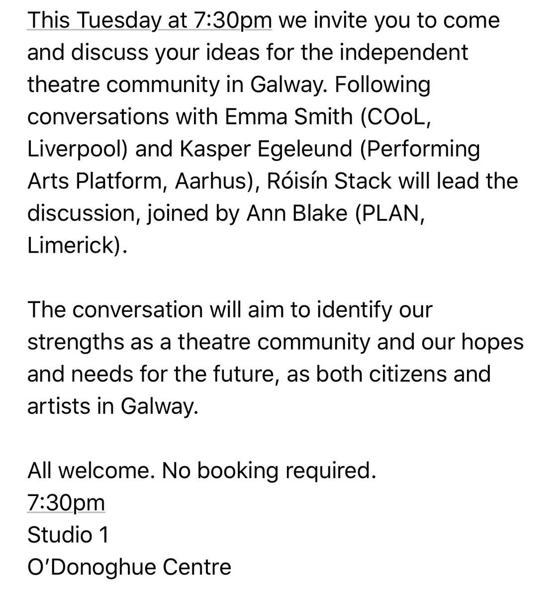 rostack's tweet photo. This Tuesday at the O’Donoghue Centre, @NUIGDrama dept, I’ll be leading a discussion about the future of independent theatre in Galway. Further details below. RTs appreciated. #GalwayTheatreFest #IndependentTheatre #OpenDiscussion https://t.co/wEglAb9KWK