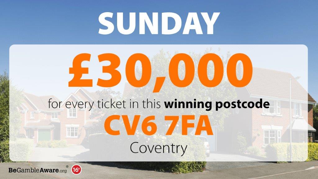 PostcodeLottery's tweet photo. Lucky postcode CV6 7FA in #Coventry has landed Sunday's #StreetPrize 🎊🎊 HUGE congratulations to today's winner! 🥂

Check out the full story on our website: https://t.co/H5qSuuiYRA https://t.co/04O8CGUDa8