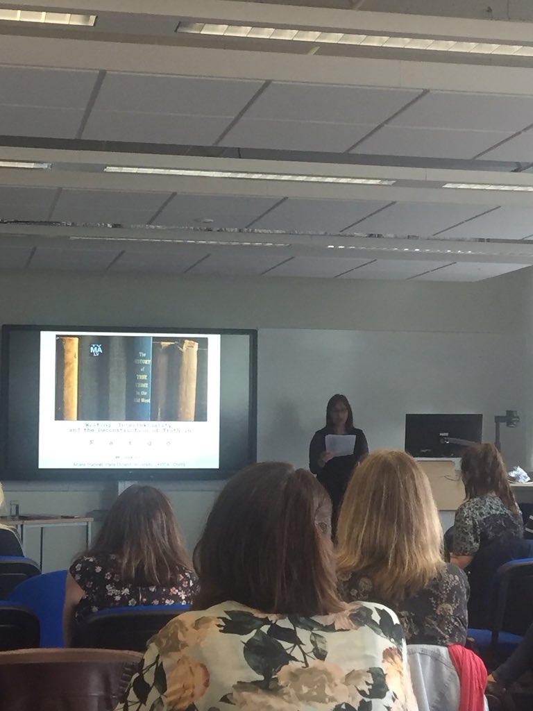 LitTV2018's tweet photo. Opening our second panel of the day, ‘Intertexts, Adaptations &amp; Escapes’ is Dr. Ariane Hudelet with ‘The History of True Crime in the Midwest: Writing, Intertextuality, and the Chronotope in Fargo’ #littv2018 https://t.co/aKOwxdYpiJ