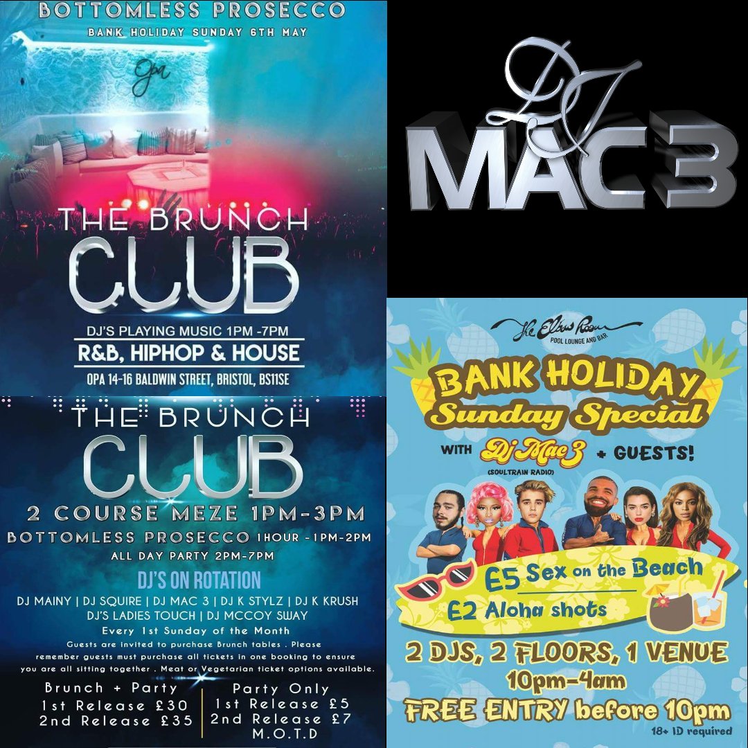 DjMac_3's tweet photo. From #1pm @bristolvip18 #thebrunchclub @OPAbristol #RnB #hiphop #house #TONIGHT @ElbowRoomBris #from #8pm #till #4am #bankholiday #special #2djs #2floors #1venue @DjMac_3 & #guest #soul #dancehall #bashment #rap #AfroBeat #funky #uk #garage #BristolCity #bristol https://t.co/EXeIFSnDtS