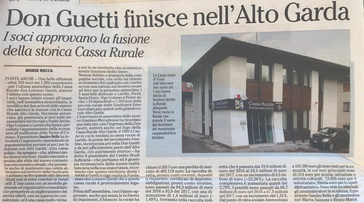 icebergfinanza's tweet photo. Grazie alla criminale riforma delle BCC e all'austerità imposta dalla BCE e dall'Europa sparisce anche la storica Cassa Rurale intitolata al fondatore della Cooperazione trentina Don Lorenzo Guetti. #nonfinisce qui https://t.co/SwgzC5vaOv