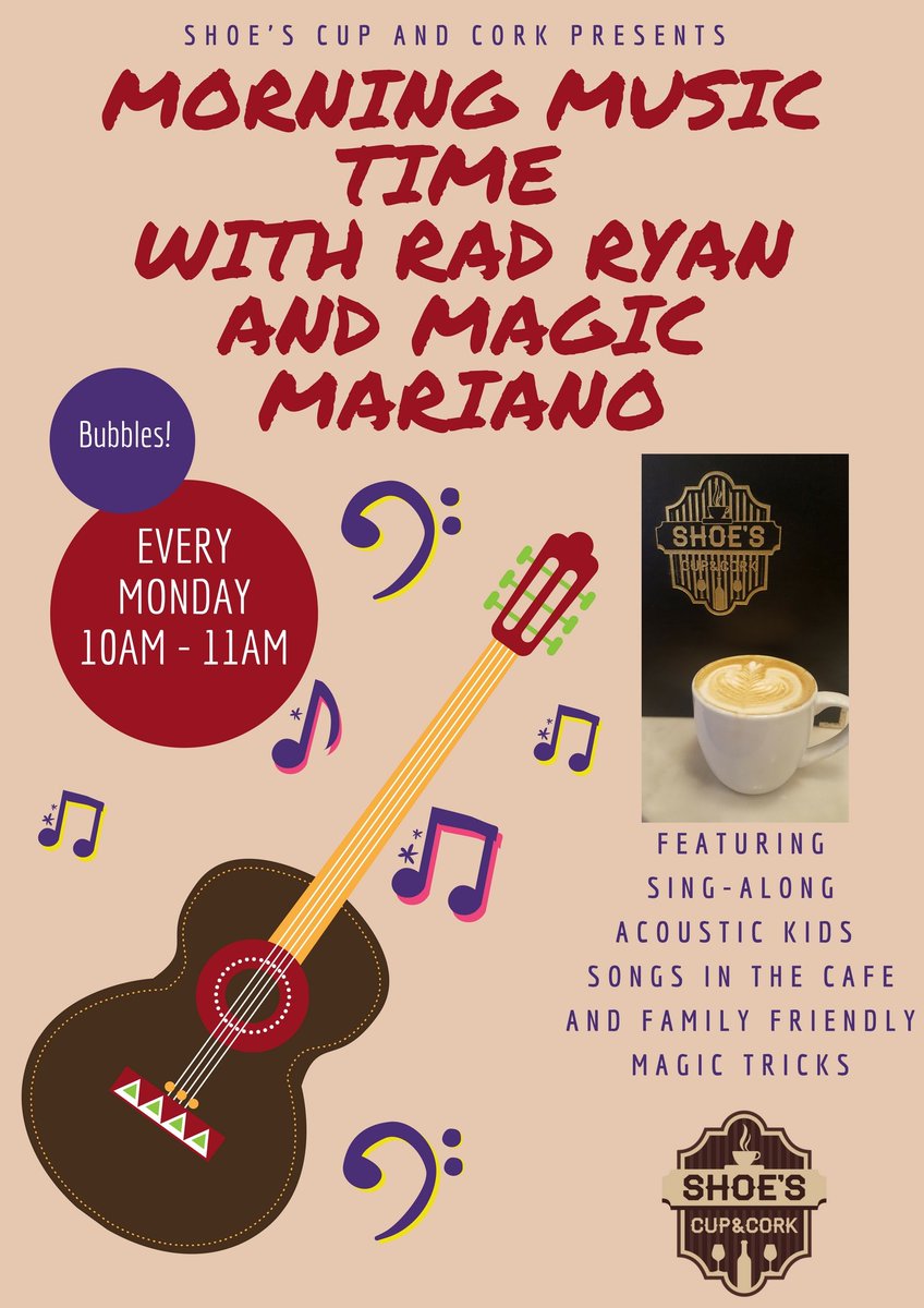 LoCoEntertain's tweet photo. MONDAY
SHOES CUP & CORK -Morning Music Time with Rad Ryan and Magic Mariano
10:00am
17 North King Street, Leesburg
@ShoesCupNCork
#KIDFRIENDLYEVENT
#loudouncounty @TownofLeesburg https://t.co/XlHEC2EN7i