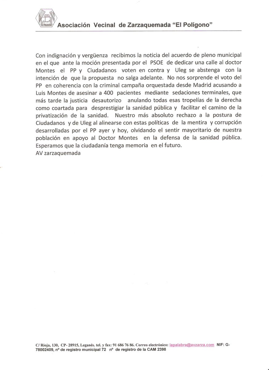 AV_Zarzaquemada's tweet photo. Nota de la Asociación por el pleno municipal en el que se decidía poner una calle al Dr. Montes. https://t.co/MwHnwTSZc6