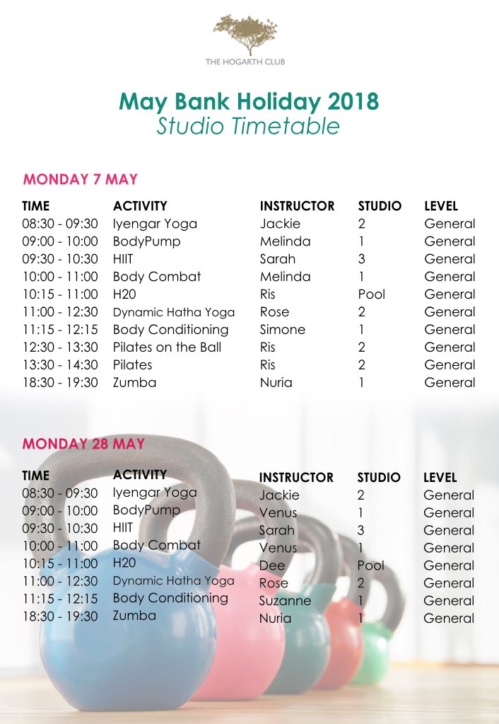 thehogarthclub's tweet photo. May bank holiday classes πβοΈπͺ #StudioTimetable #BankHolidayMonday #fitness #healthclub #chiswick https://t.co/vamrj5ucZu