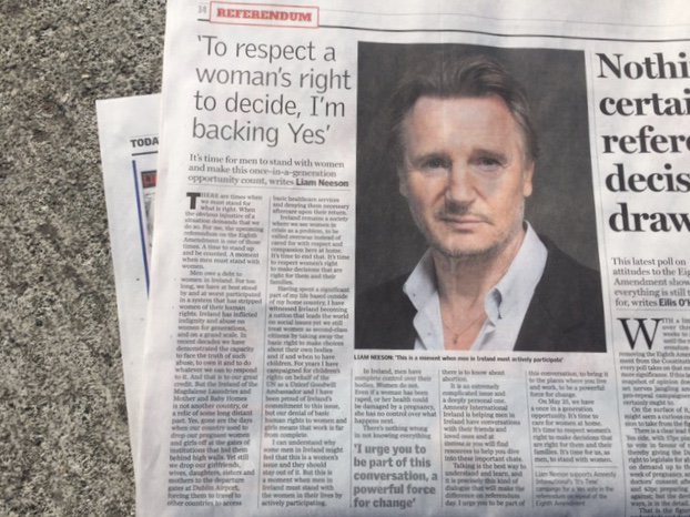 AmnestyIreland's tweet photo. “To respect a woman’s right to decide, I’m backing ‘Yes’” - Liam Neeson in today’s Sunday Independent backing Amnesty's #ItsTime campaign.    

#Men4Yes #Together4Yes #Repealthe8th #VoteYes https://t.co/GaiO2qf7XA