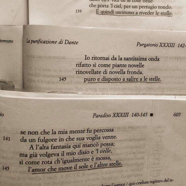 Le tre cantiche della Divina Commedia che terminano con la stessa parola.